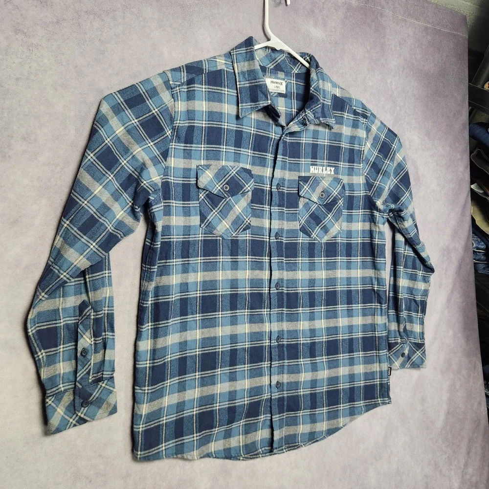 Hurley‎ Mens Blue Plaid Flannel Long Sleeve Button Down Shirt size Large